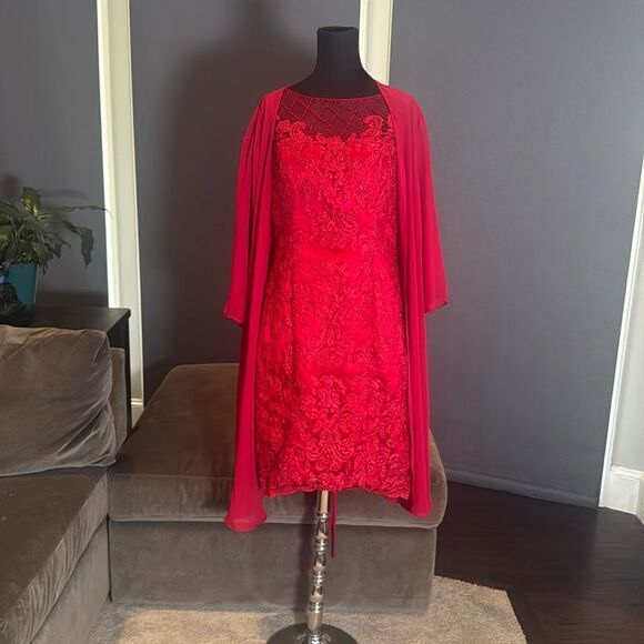Women’s Red Tea Length Lace Appliqué Dress & Matching Chiffon Jacket Size 16 - Picture 1 of 15